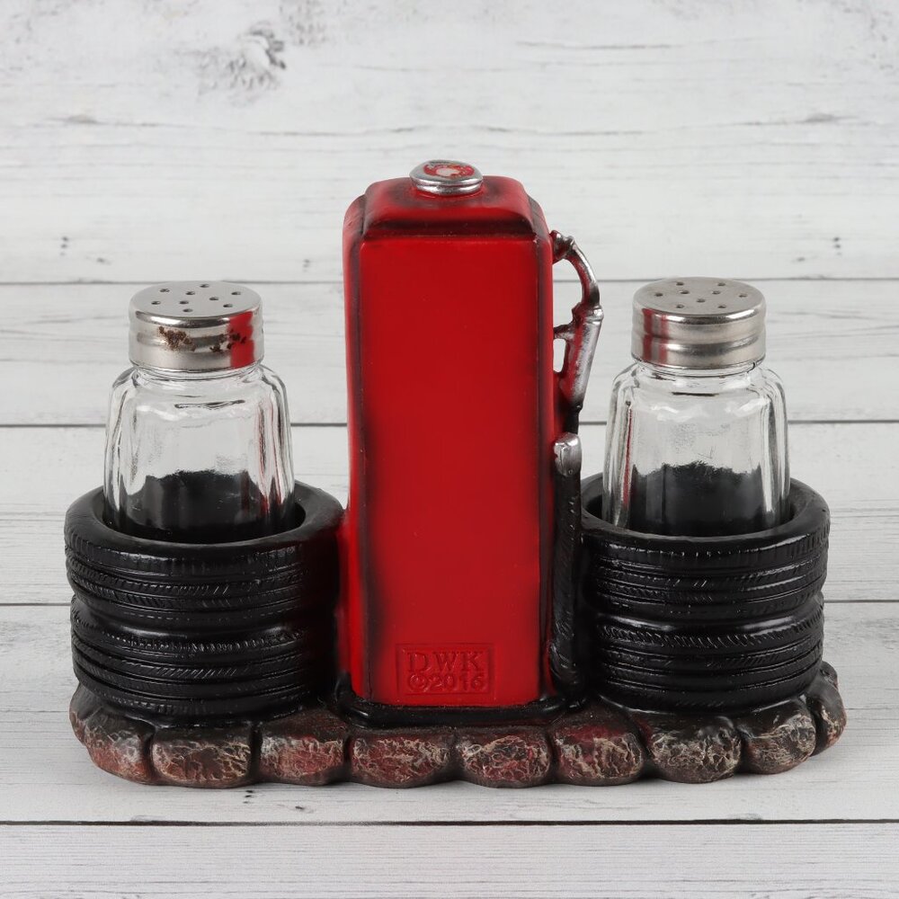 Old Fashioned Gas Station Pump Salt & Pepper Shaker Holder Set - Picture 2 of 5